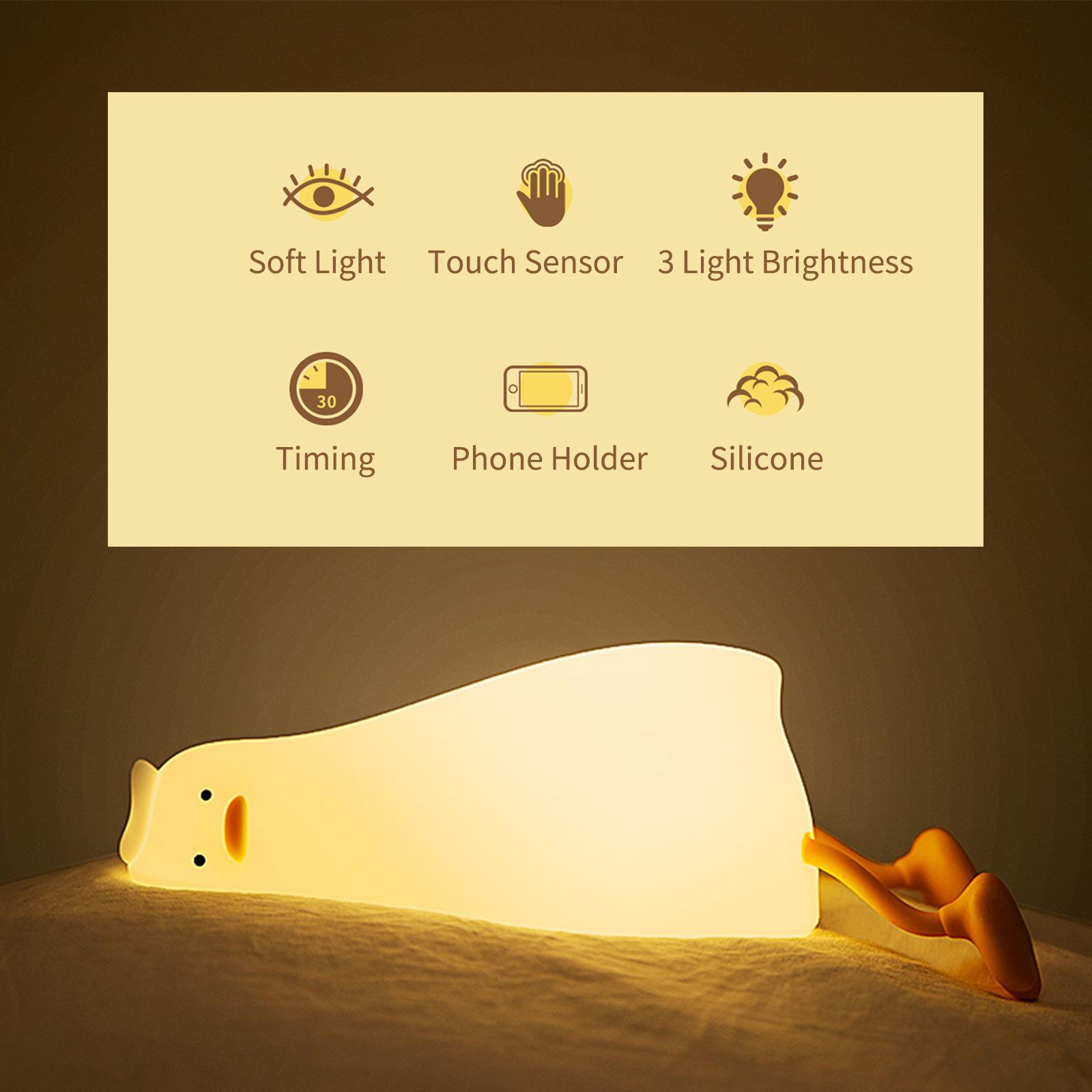Cute Duck Night Light Warm White Night Light with Touch Sensor 3 Light Brightness Soft Silicone Animal Night Lamp