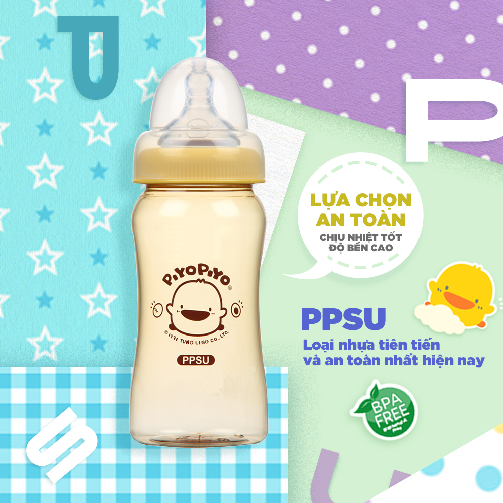 Bình sữa cổ rộng Piyo Piyo 240ml nhựa PPSU chịu nhiệt tới 180 độ, thân bình cong dễ cầm