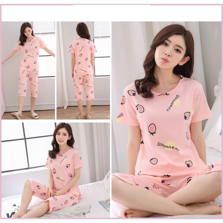 {Mã giảm giá + Hổ trợ Ship} Đồ bộ nữ, thun Cotton 100% chống tia UV cực mát, đủ size, 42-70kg, Hình dâu B07
