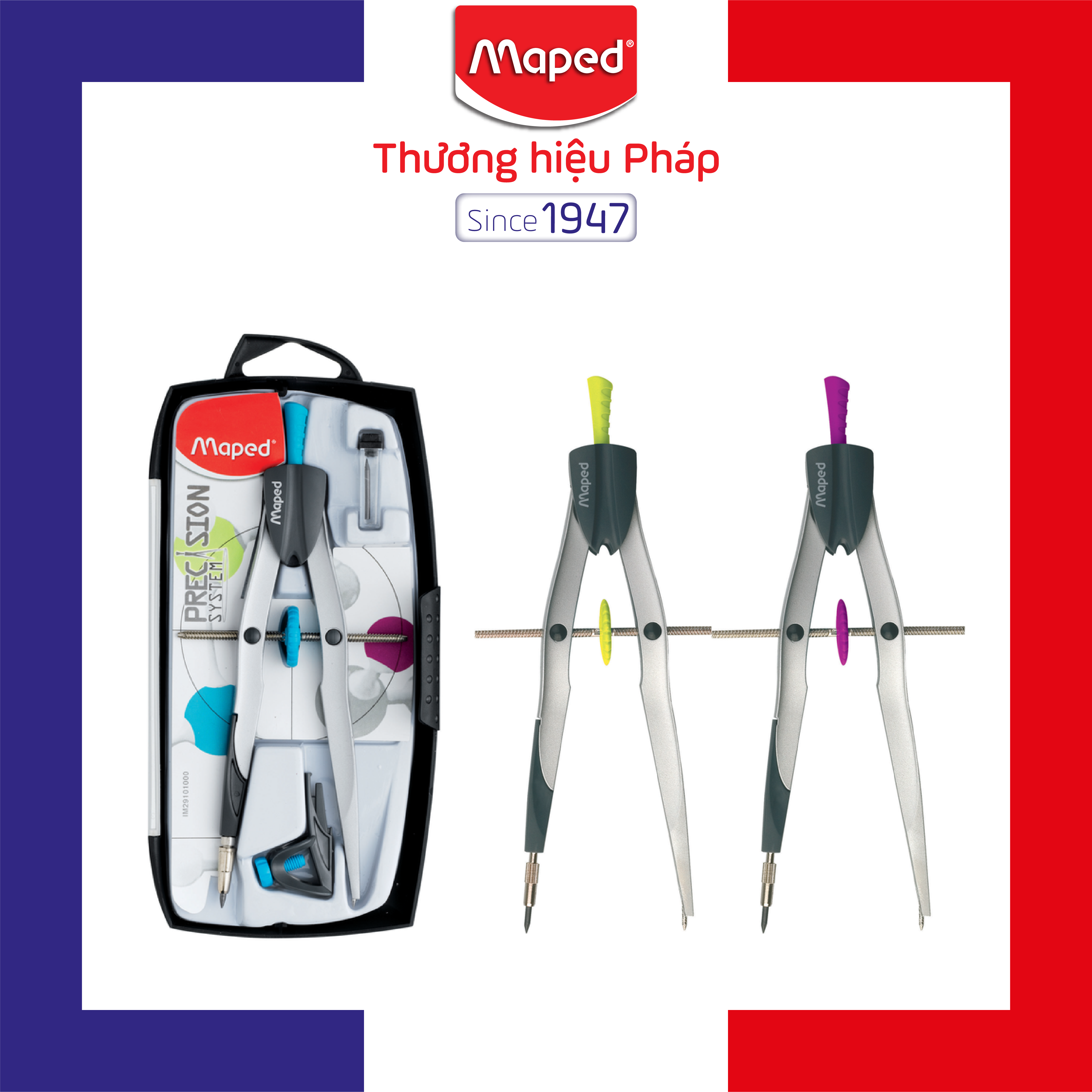 MAPED - Hộp Compa kim loại Precision - set 3 (Compa, chì gỗ, ruột chì) (vẽ vòng tròn 30cm)