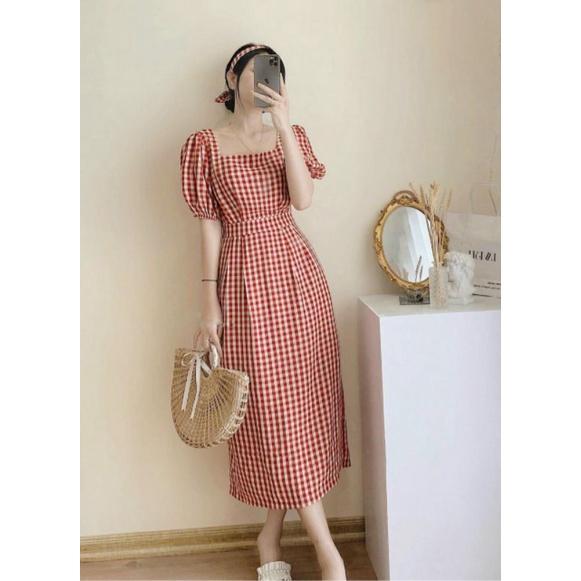 ĐẦM NỮ TAY NGẮN CARO ĐỎ ĐI CHƠI