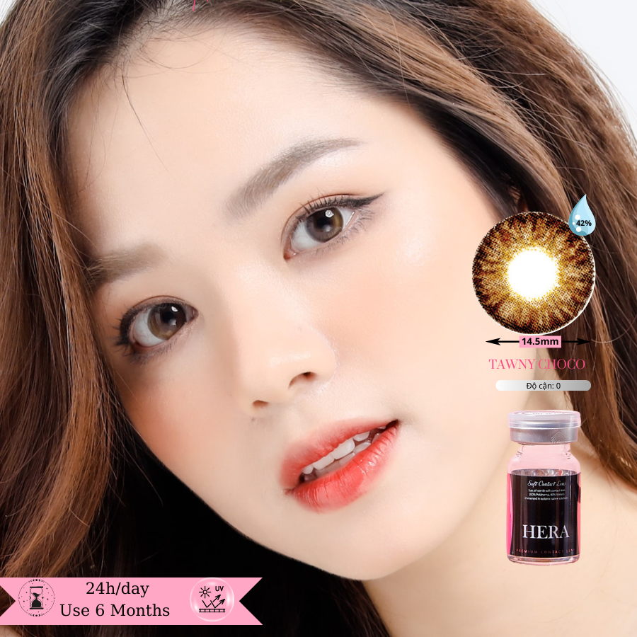 Kính Áp Tròng Hera Nâu Gỗ Sáng Viền Đen Không Độ TAWNY CHOCO Nhập Khẩu Hàn Quốc Lens Không Cận 6 Tháng