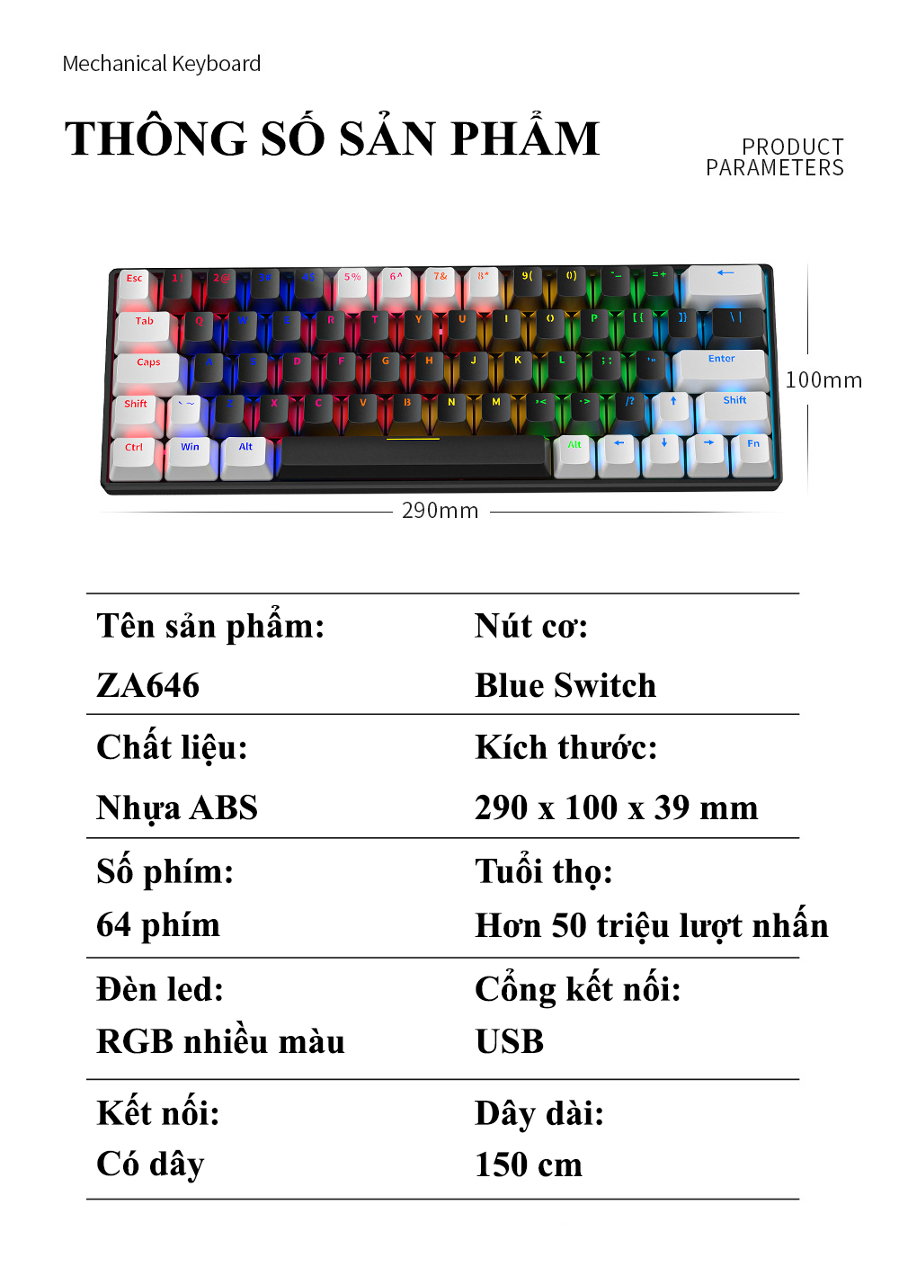 Bàn phím cơ Blue Switch ZIFRIEND KA6406 với thiết kế mini size vô cùng nhỏ gọn kèm theo đèn led RGB - Hàng Chính Hãng