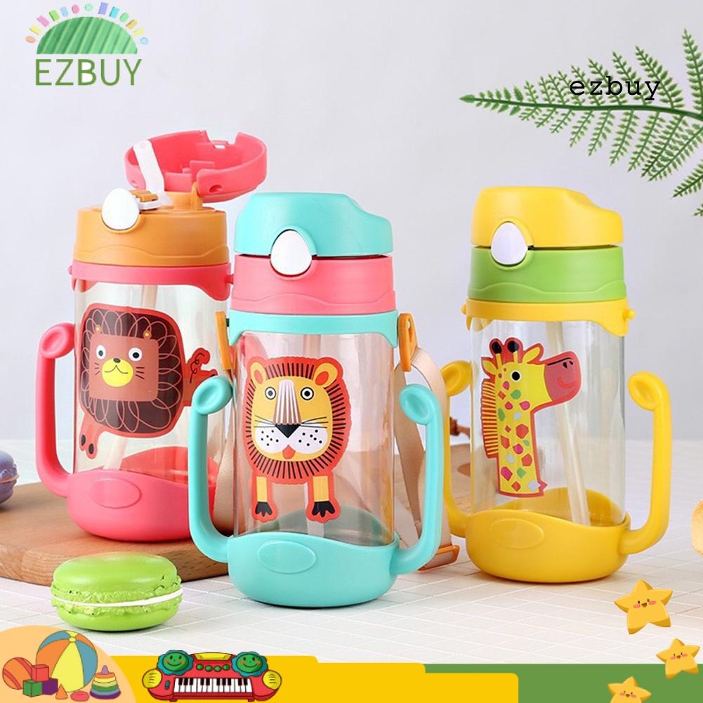 Bình nước 400ml chống rò rỉ họa tiết hoạt hình có ống hút và dây đeo cho bé
