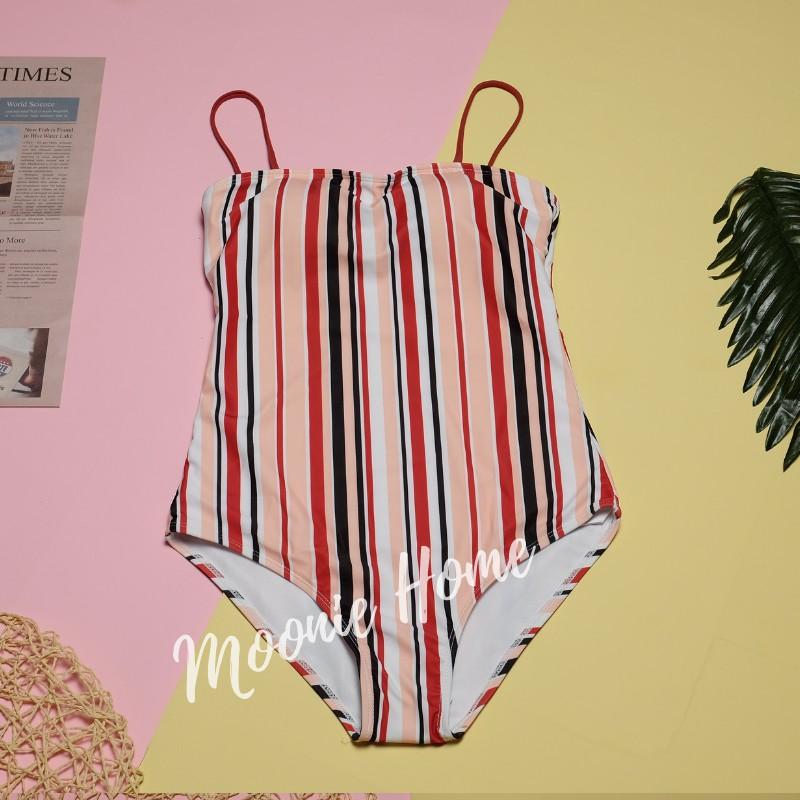 Bikini 1 mảnh, Đồ Bơi Liền Thân Đi Biển Họa Tiết Sọc Kẻ Đen Đỏ Cực Xinh Mã BN-213 (Ảnh + Video Thật)