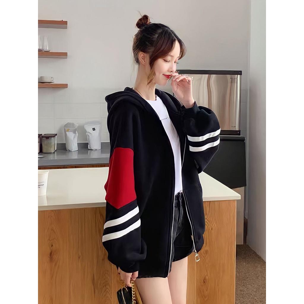 Áo Hoodie Nỉ Nam Nữ Tay Phối Màu 2 Sọc Logo Ngực