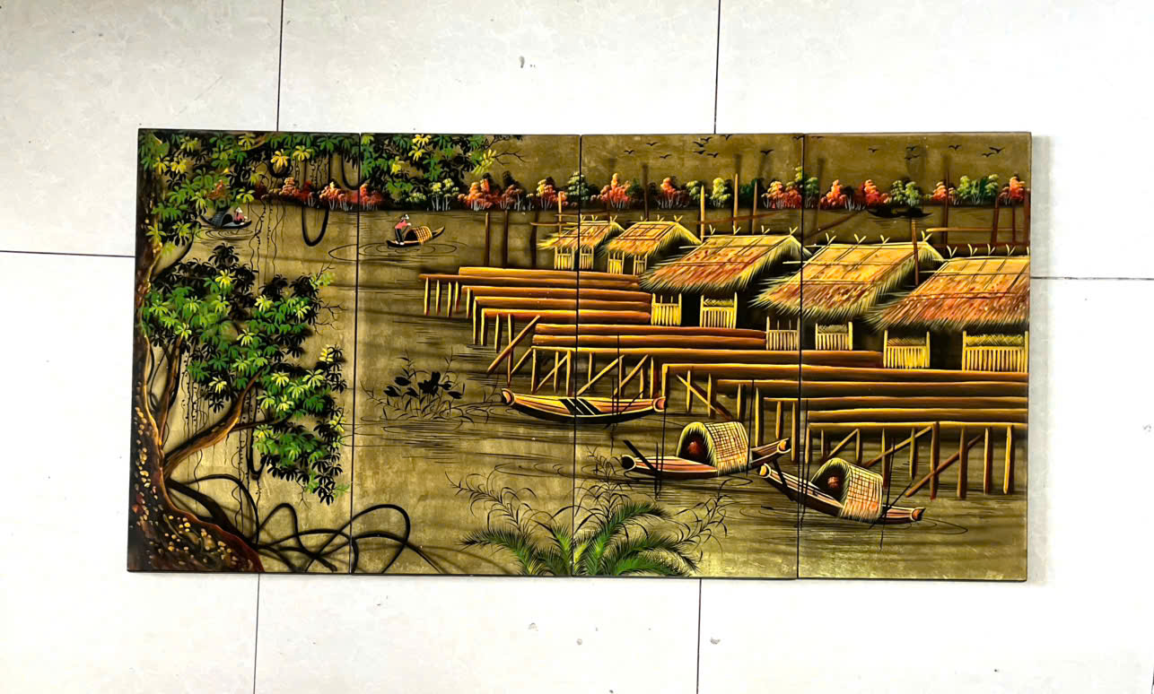 Bộ Tranh sơn mài - ĐỒNG QUÊ VIỆT NAM - Size 60x120 cm - Nền dát vàng cao cấp