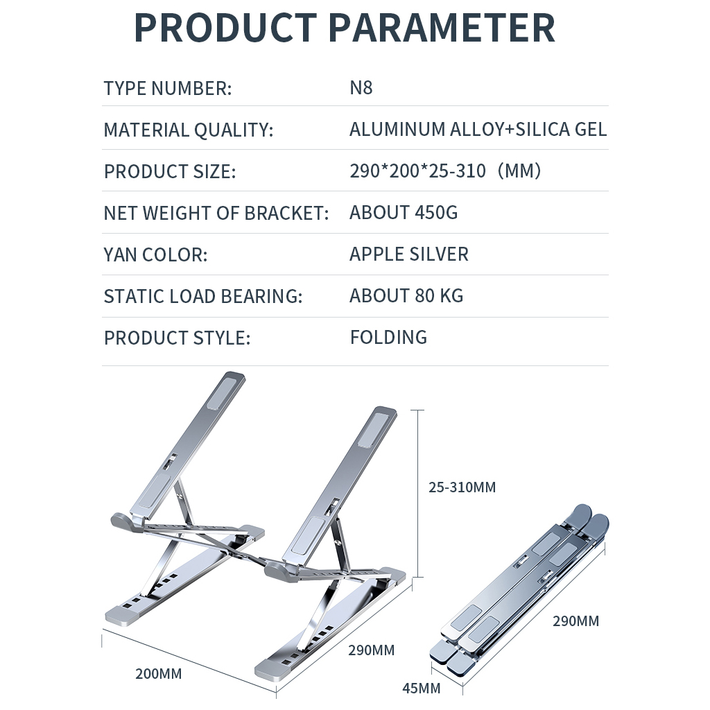 VINETTEAM Giá Đỡ Laptop Nhôm N8 Màu Bạc Thiết Kế Thông Minh 2 Tầng Điều Chỉnh Độ Cao, Gấp Gọn Và Tản Nhiệt Cho Laptop, Surface, Ipad, Macbook Cho Máy Từ 12~17inch - Hàng Chính Hãng