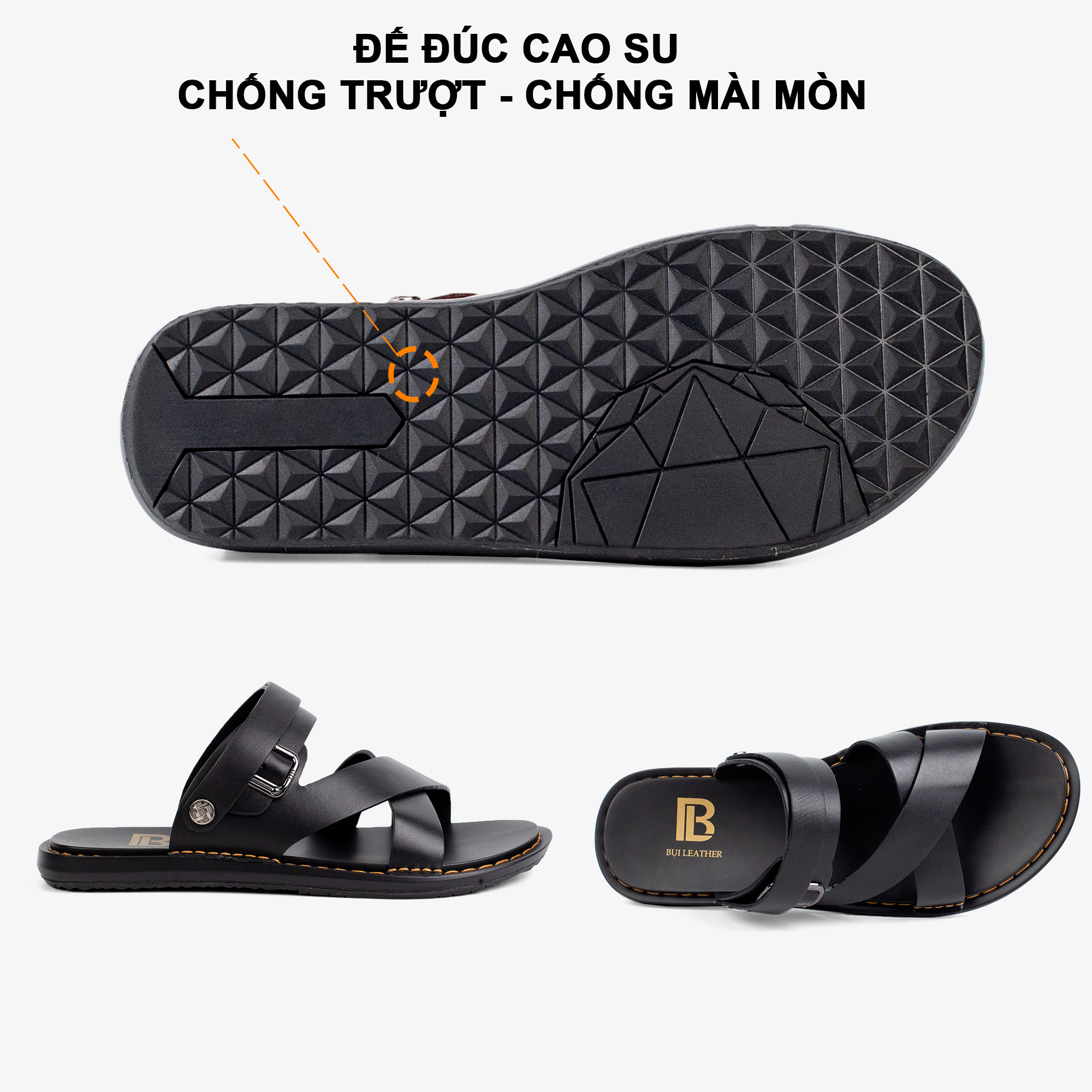 Dép nam quai ngang da bò Nappa cao cấp Bụi Leather E102, đế đúc nguyên khối khâu viền thủ công đi êm chân