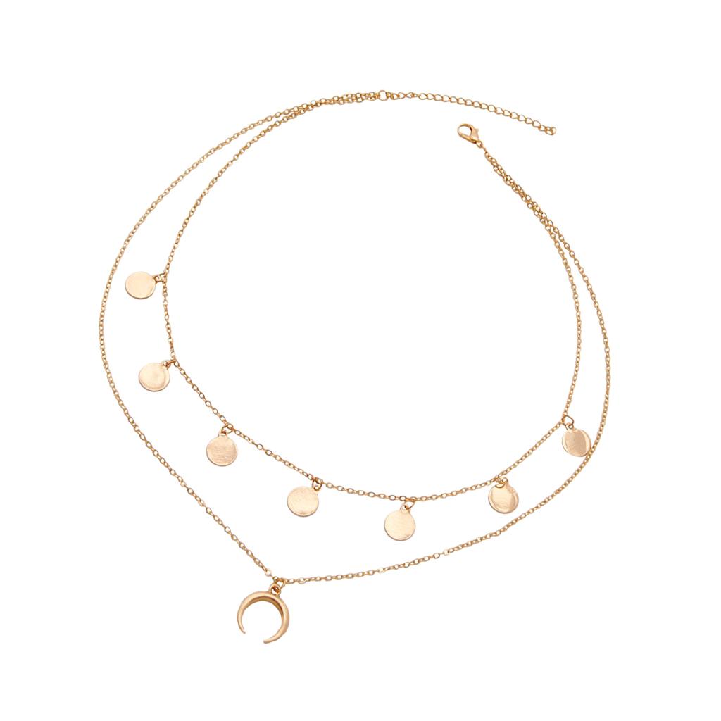 Moon Pendant Mini Disc Choker Chain Double Layer Clavicle Necklace Golden