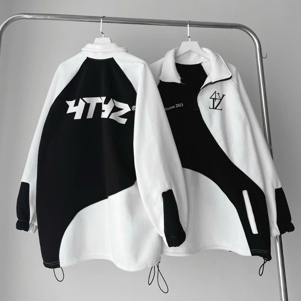 Áo khoác hoodie nỉ in chữ TYZ Form rộng dây kéo ở cổ phối thân dây rút lai chống nắng tốt