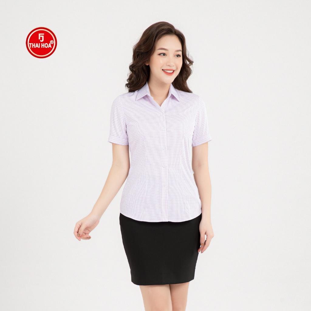 Áo sơ mi nữ Thái Hòa NA092-04-01 công sở ngắn taymàu xanh dương đậm kẻ caro vải đanh mịn