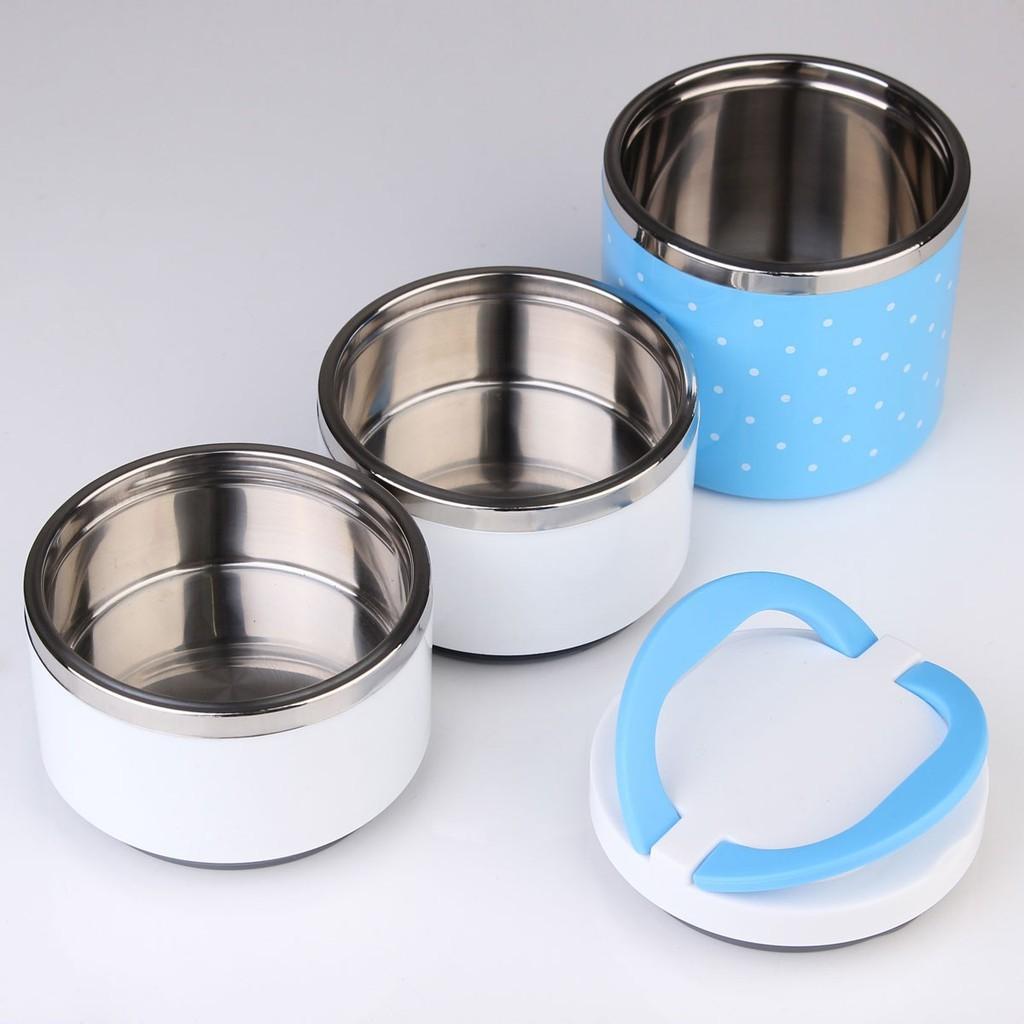 Cặp lồng cơm 3 tầng chấm bi ruột inox giữ nhiệt - Hộp cơm 3 tầng chấm bi
