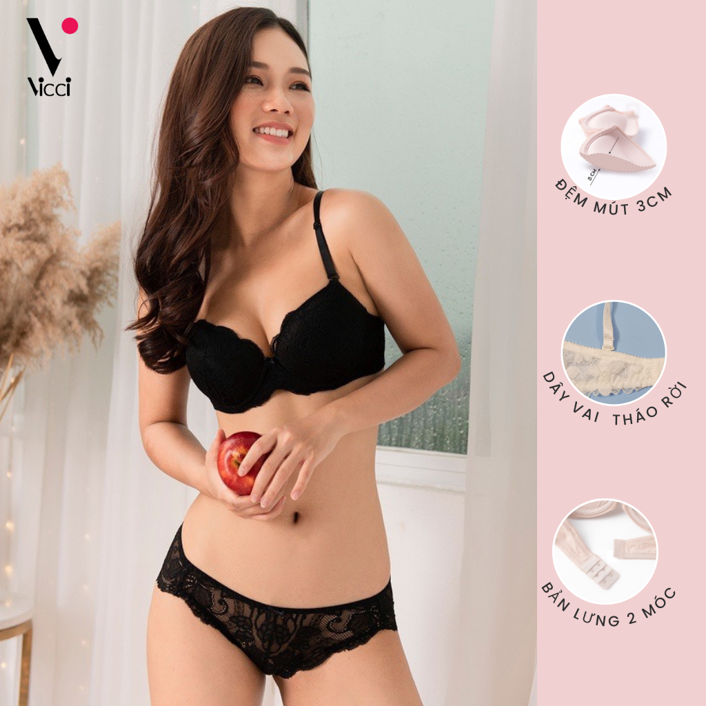 Áo lót ren nữ nâng ngực đệm mút dày 3cm Vicci AV.02 cúp xéo có gọng siêu nâng ngực, dây vai có thể tháo rời, chất liệu ren dệt mềm mịn, họa tiết hoa tinh tế
