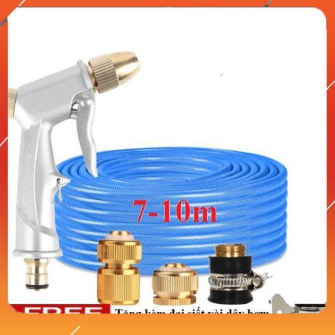 Vòi Xịt️Evoucher Bộ dây vòi xịt nước rửa xe, tưới cây , tăng áp 3 lần, loại 7m, 10m 206701 đầu đồng,cút đồng, + đai