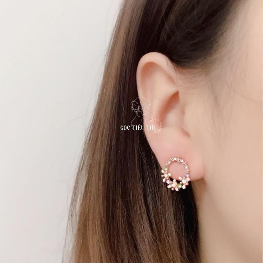 Bông Tai Bạc Dáng Tròn Viền Đá Nhiều Màu Xinh Xắn Cho Nữ - HT010