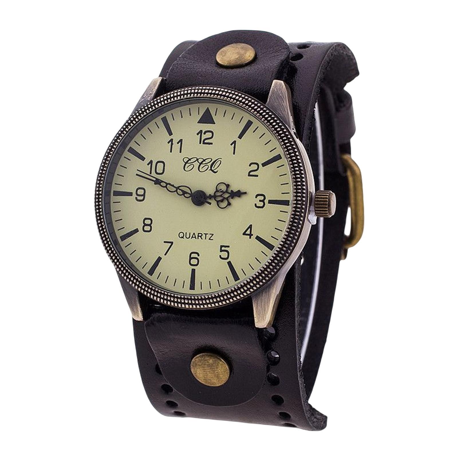 Vintage Bracelet Watch PU Leather Wide Leather Strap for Men Comfortable Black
