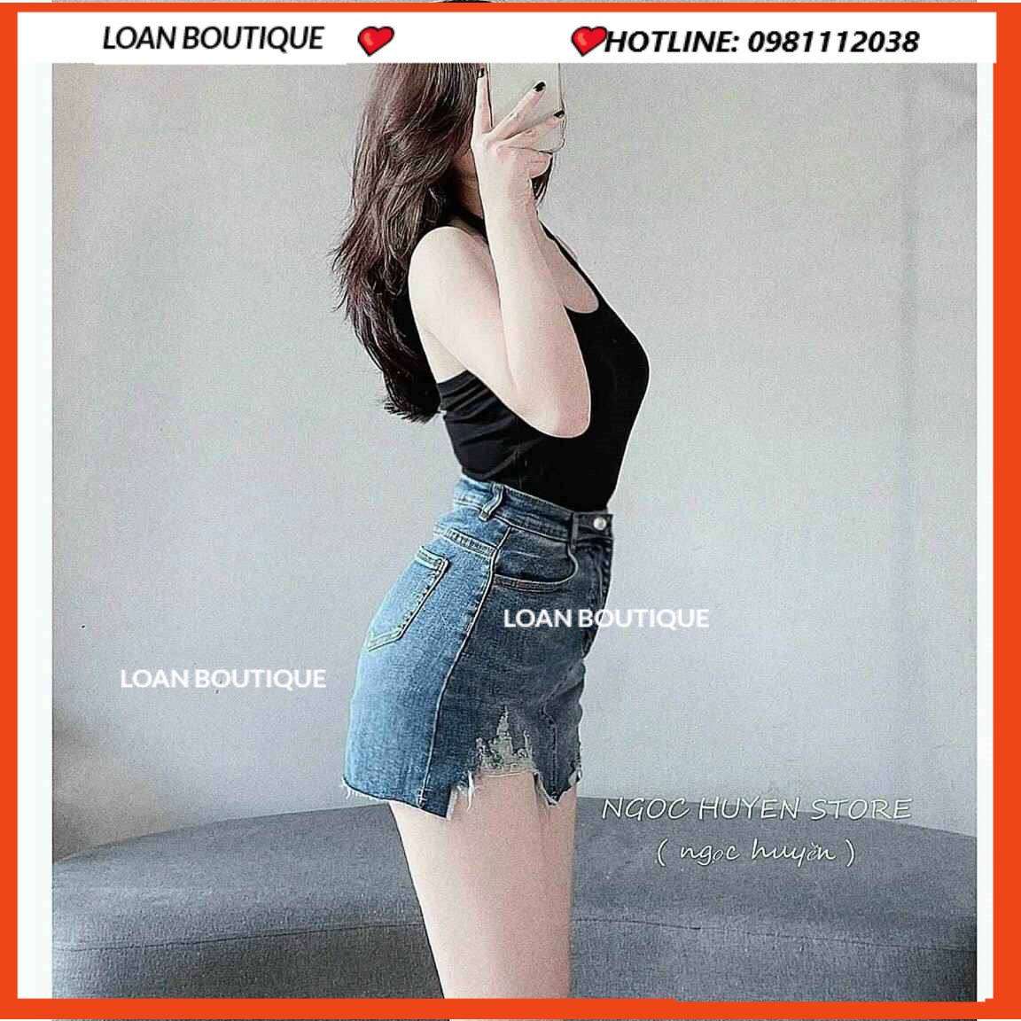Chân váy jeans rách ngắn co giãn có lót quần kín đáo LOAN BOUTIQUE
