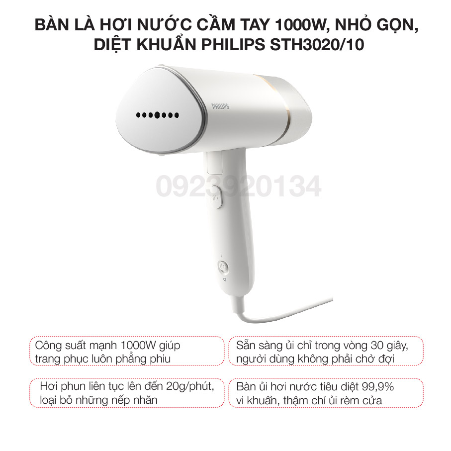 Bàn là hơi nước cầm tay 1000w, nhỏ gọn, diệt khuẩn Philips STH3020/10 - Hàng chính hãng