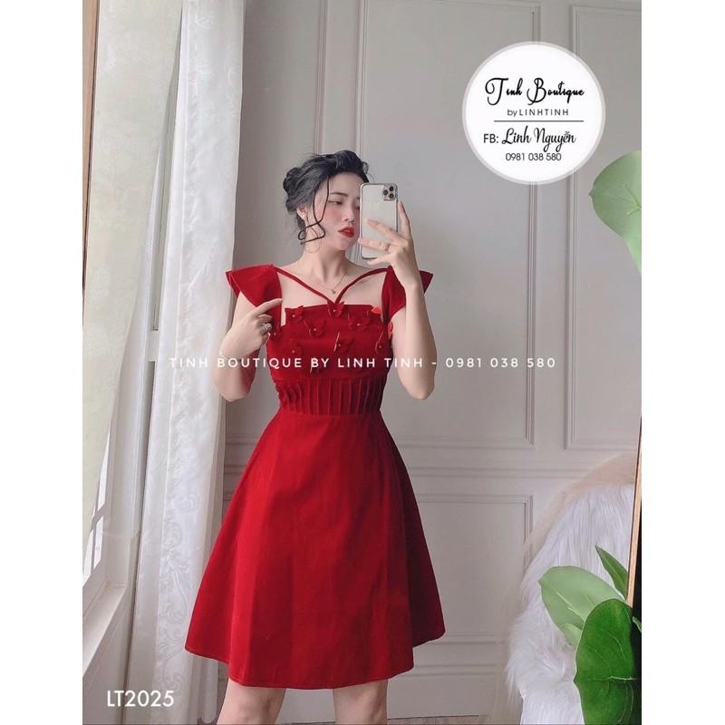 Đầm đỏ tay cánh tiên đính hoa xếp li eo Đầm váy nữ dự tiệc