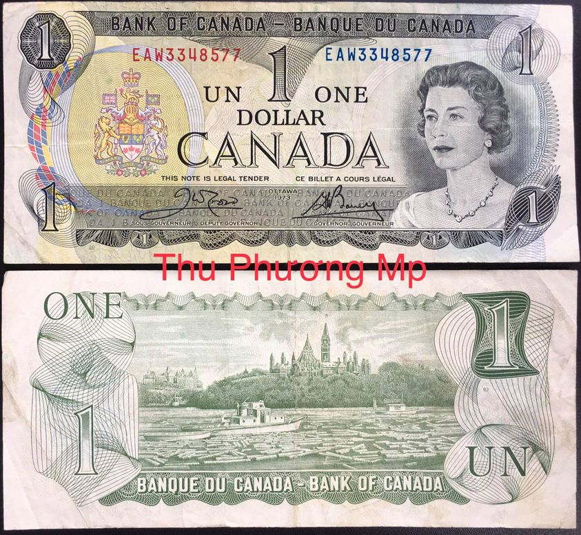 Tiền giấy Canada 1 Dollar năm 1973 chân dung nữ hoàng Elizabeth II khi trẻ .