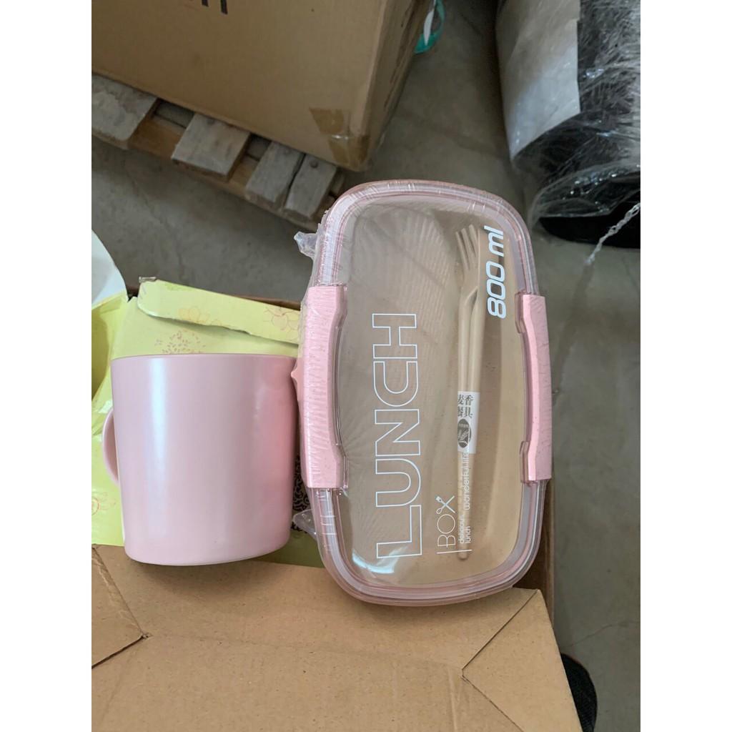 Bộ Hộp Cơm Lúa Mạch 2 Tầng 800ml Tặng Kèm Cốc Sứ Sang Trọng