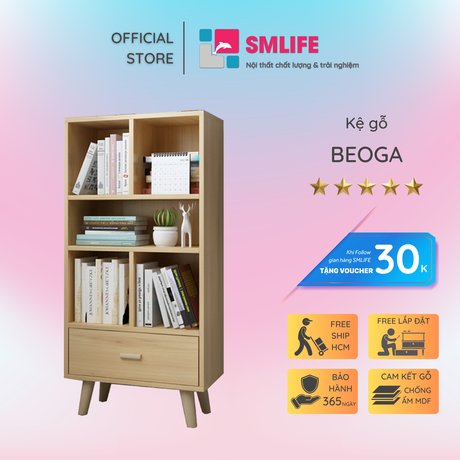 Giá sách bằng gỗ kết cấu chắc chắn SMLIFE Beoga