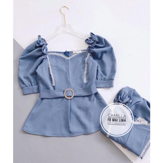 Sơ mi kiểu cổ vuông tay bồng màu xanh