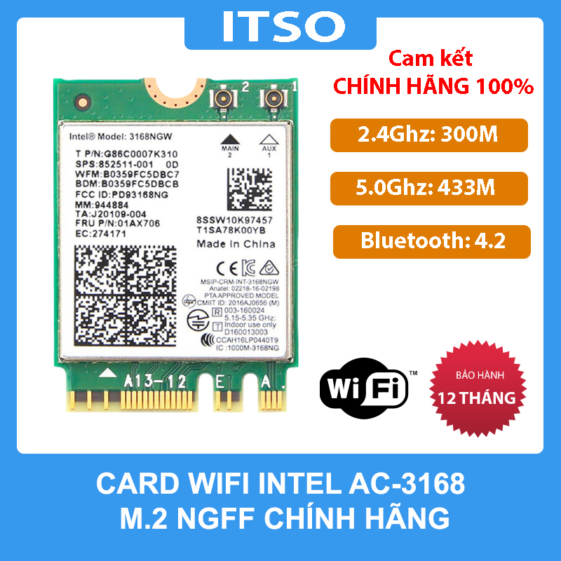 Card Wifi Intel AC3168 khe M2 có Bluetooth - Hàng nhập khẩu