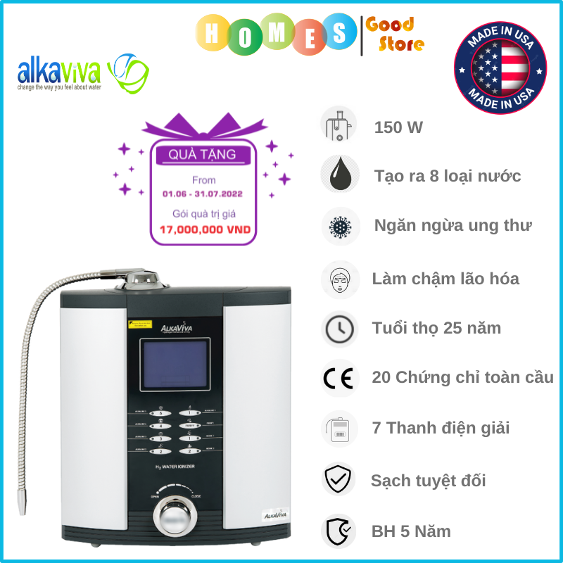 Máy Lọc Nước Điện Giải Ion Kiềm ALKAVIVA ATHENA H2 Thương Hiệu Mỹ Gồm 7 Thanh Điện Giải, Tạo Ra 8 Loại Nước Ion - Hàng Chính Hãng