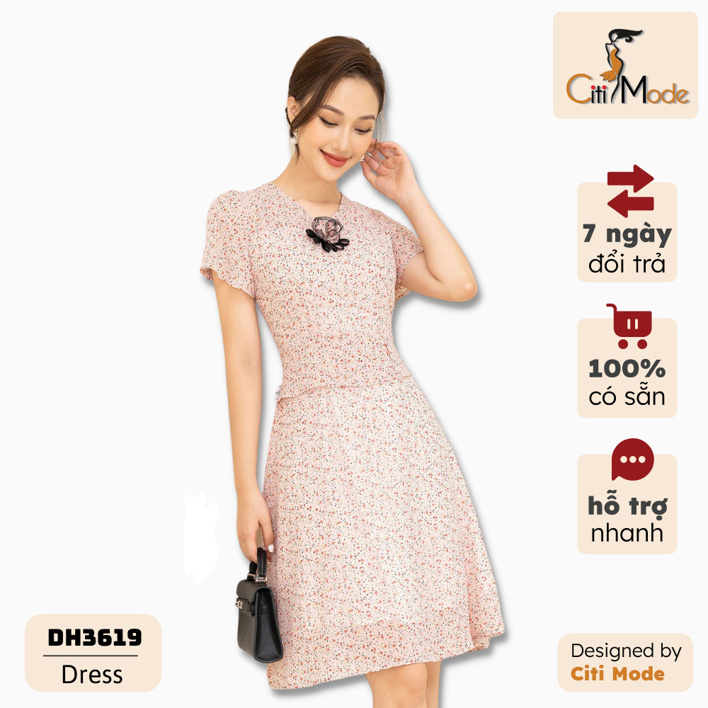 Đầm xòe peplum hồng hoa nhí công sở CITI MODE cổ V tay ngắn chất Voan cao cấp DH3619