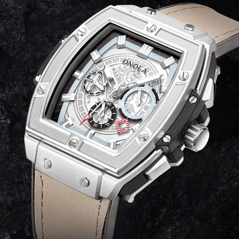Đồng hồ Quartz dành cho nam với dây đeo bằng da có màn hình phát sáng thiết kế rỗng 3ATM