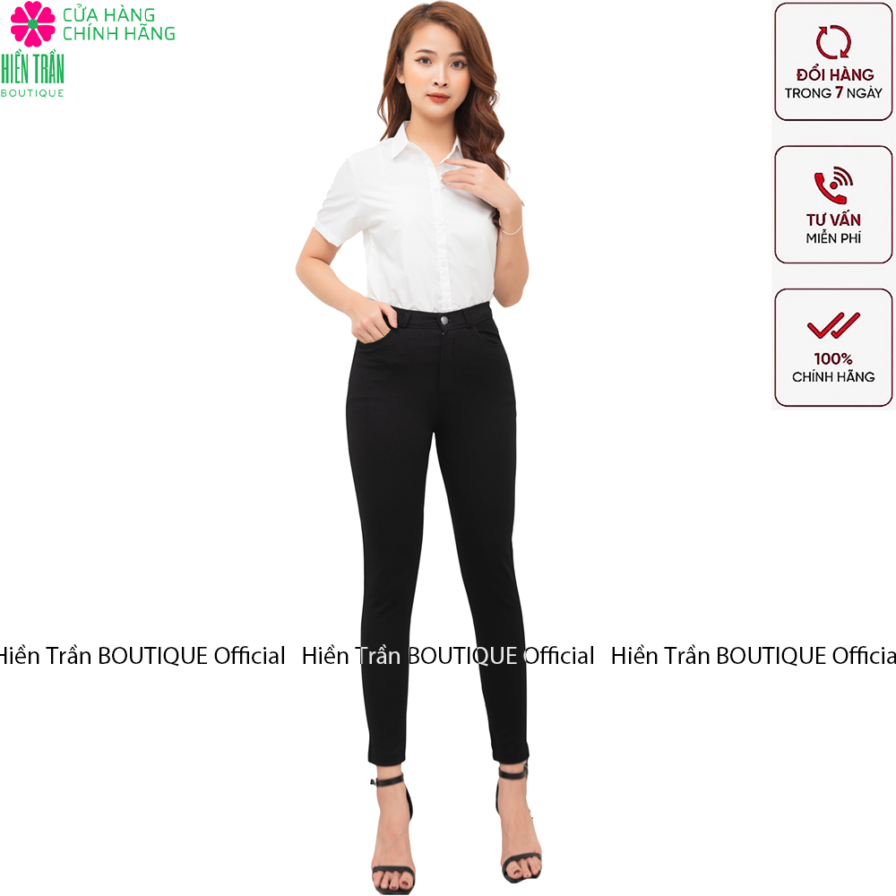 Quần tregging nữ Hiền Trần BOUTIQUE lưng cạp cao dài dáng thun ôm bó legging skinny vải giữ nhiệt màu đen