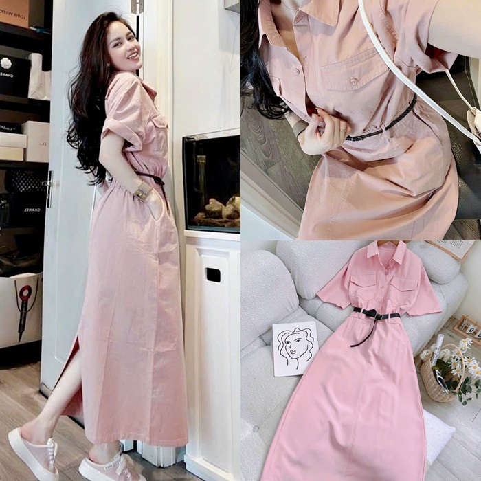 ĐẦM DÀI MIDI SUÔNG CỔ SƠ MI RỘNG HỒNG PHẤN XẺ SAU TRƠN EO BO THUN ÔM BODY DẠO PHỐ ĐI TIỆC CÔNG SỞ ĐI CHƠI ĐI BIỂN