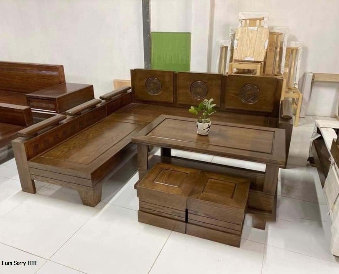 Bộ bàn ghế phòng khách, sofa góc gỗ sồi màu óc chó