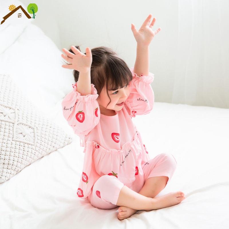 Bộ quần áo dài tay mặc nhà chất mát cho bé gái họa tiết ngẫu nhiên