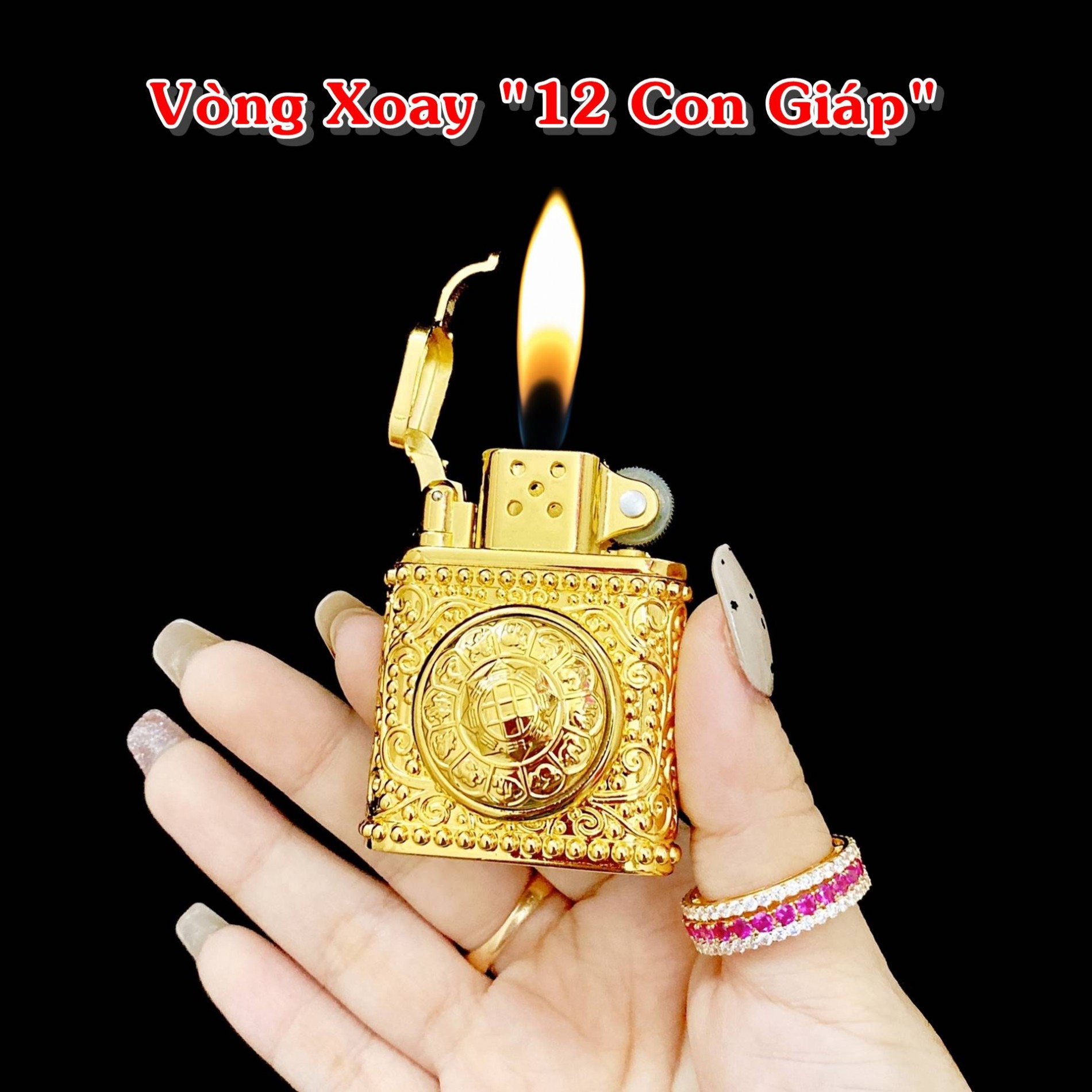 Hộp quẹt bật lửa Z852 cối gas đá vòng xoay 12 con giáp - (xài gas)