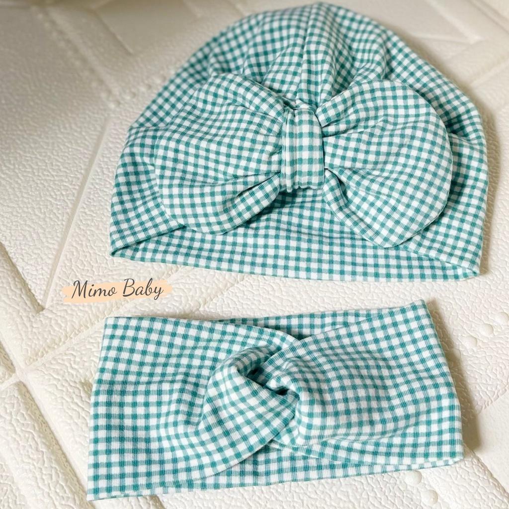 Mũ nón turban cotton kẻ xanh đáng yêu cho bé gái 6-10kg Mimo baby MTB63