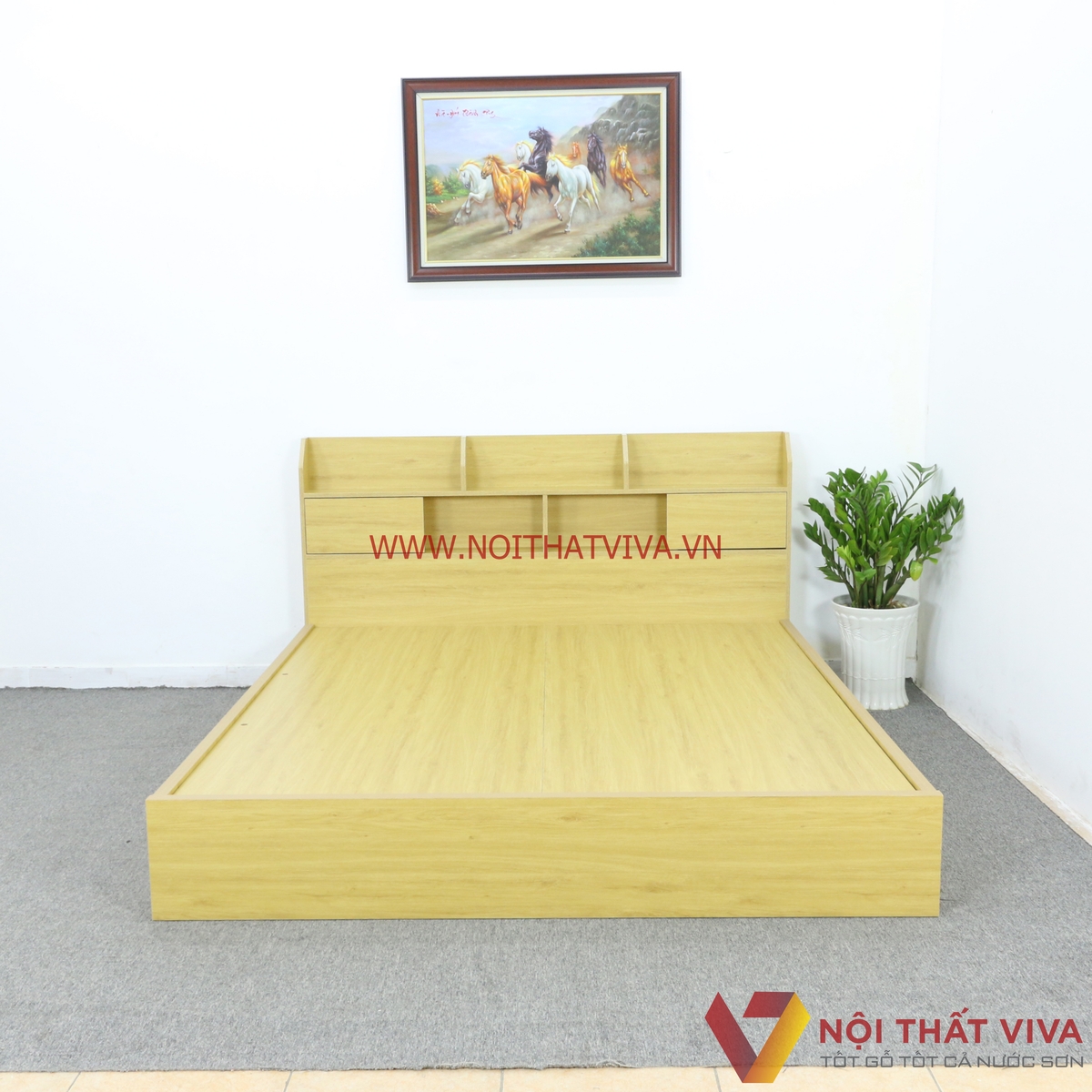 Giường Ngủ Gỗ MDF Màu Vàng Có Hộc Kéo + Kệ Trang Trí Đẹp Hiện Đại