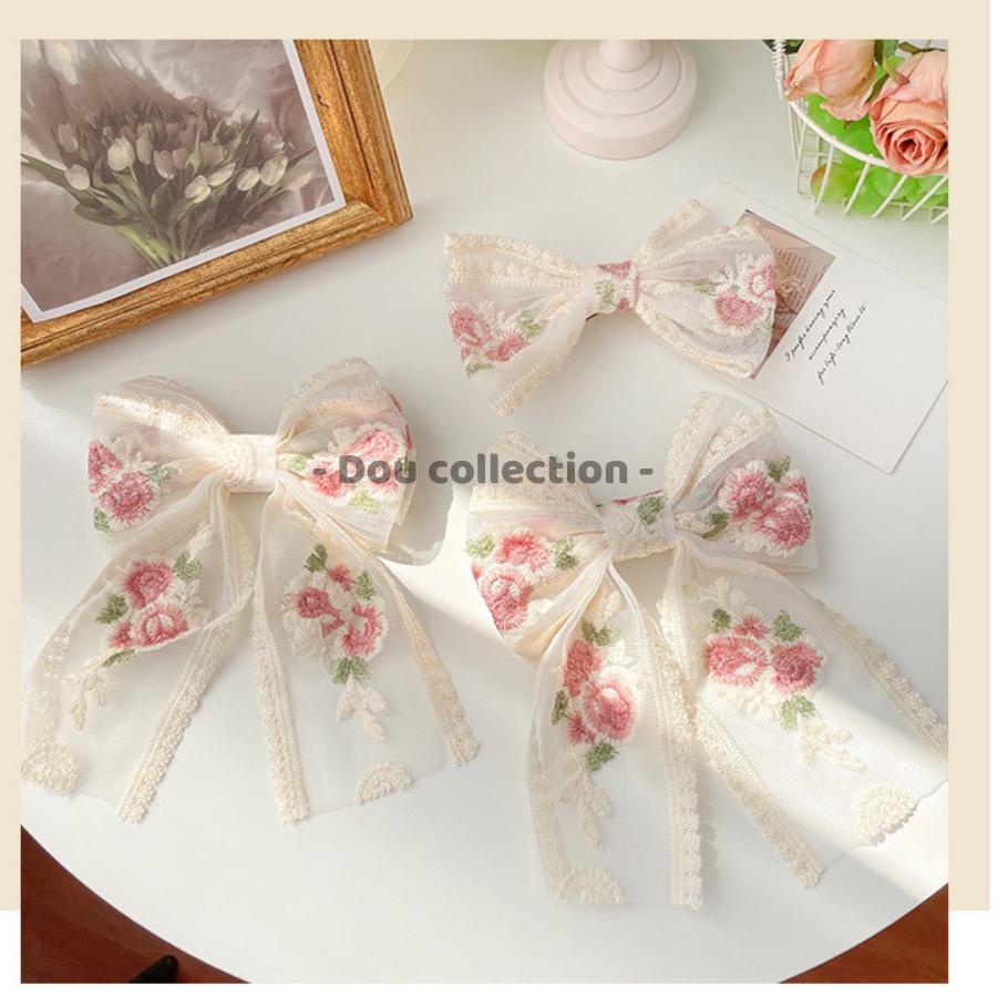 Kẹp Tóc Nơ Ren Họa Tiết Hoa Thêu Cao Cấp Tiểu Thư HANDMADE - Mã KT017