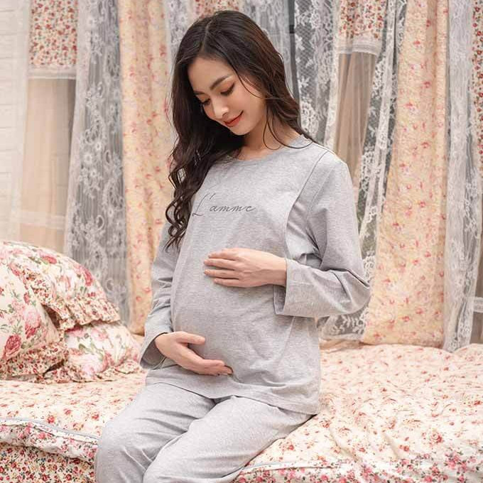 Bộ ngủ bầu sau sinh (B01) chất thun cotton, áo có chỗ mở cho bé ti tiện lợi, quần có chun điều chỉnh - Thiết kế bởi LAMME