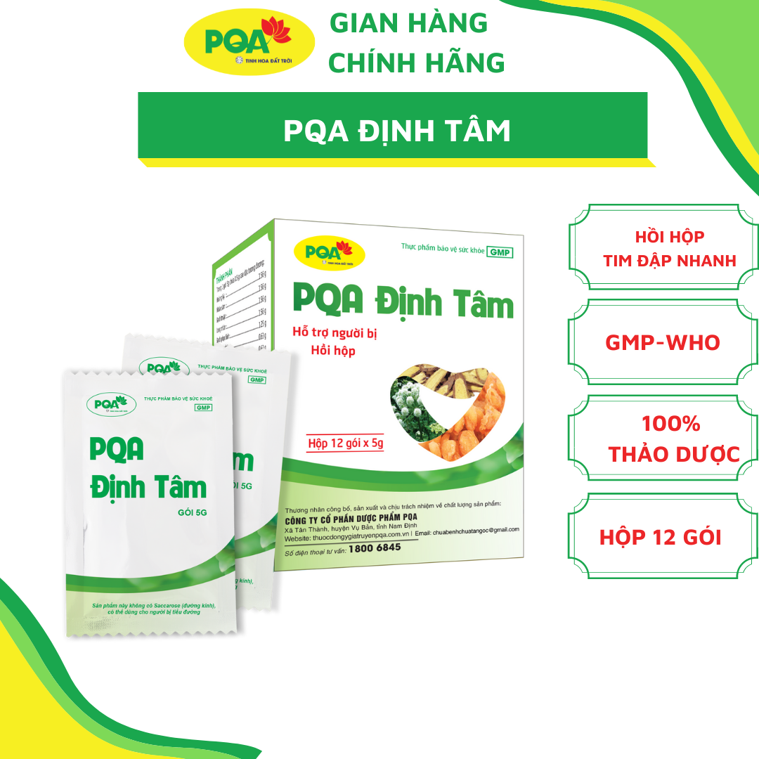 PQA Định Tâm PQA  là dược phẩm giúp bổ huyết, dưỡng tâm, an thần cho người hay hồi hộp, lo lắng, thần trí căng thẳng, mất ngủ.