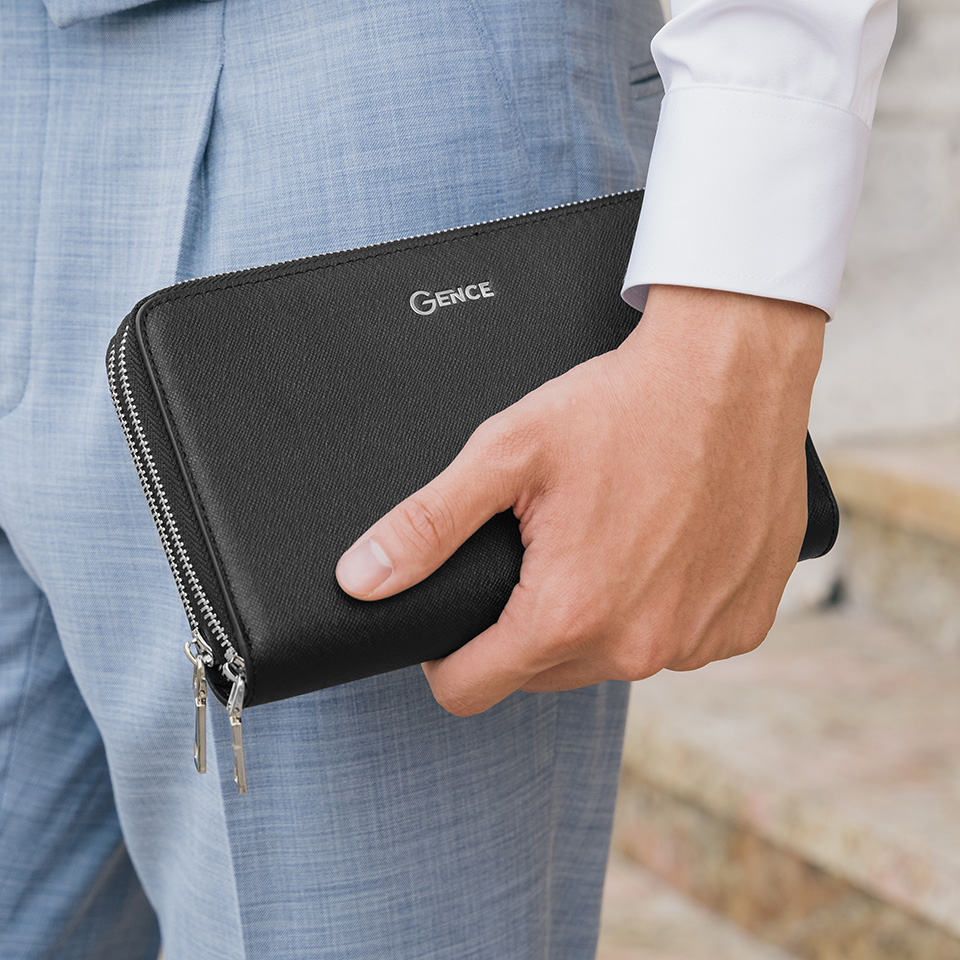 Ví Da Cầm Tay Công Sở Clutch Nam Hàng Hiệu GENCE HT21 Da Bò Cao Cấp Màu Đen