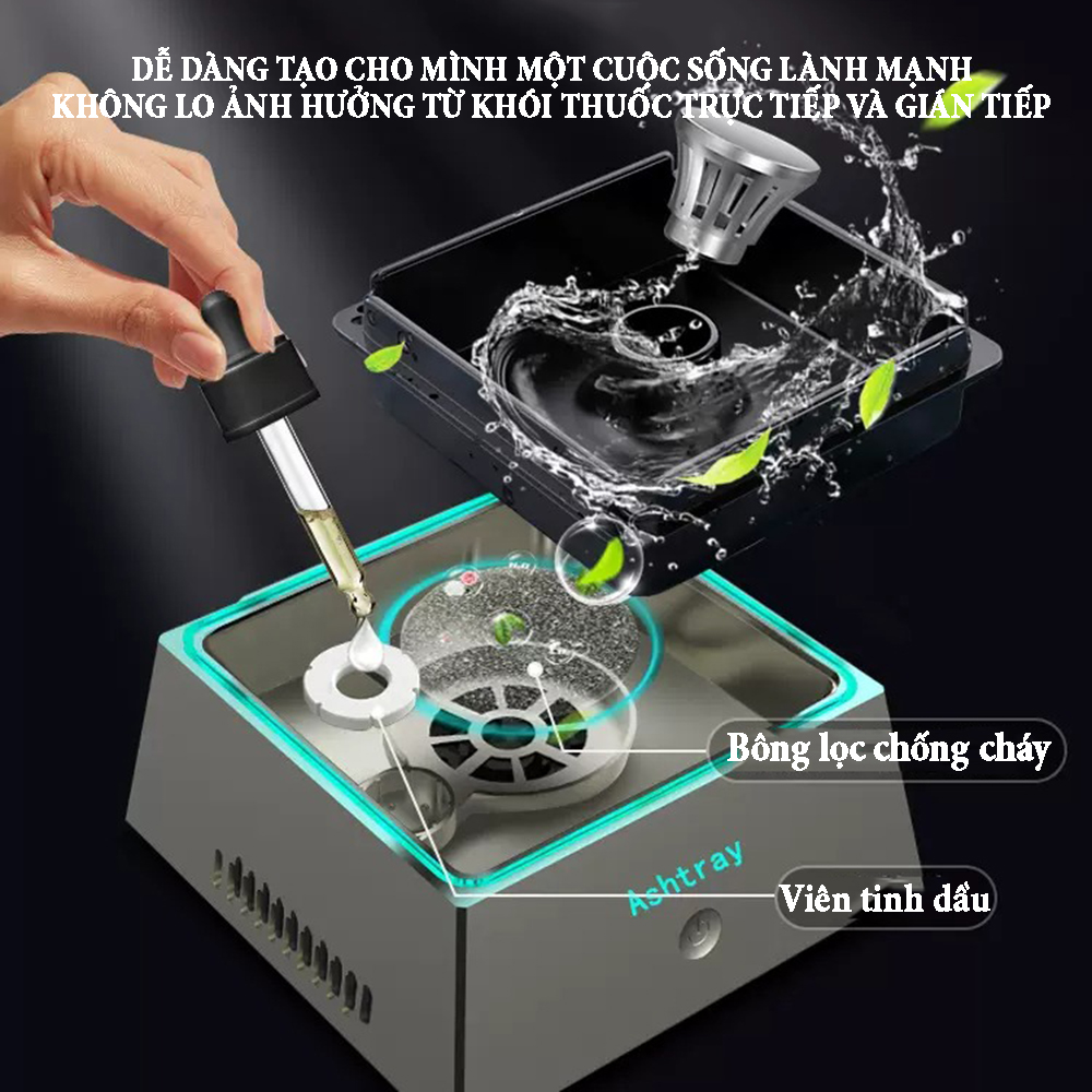 Máy hút mùi khói thuốc la thụ động Ashtray purifier 2 tốc độ gió công suất 3W, dung lượng pin 1200mAh kết hợp gạt tàn lọc không khí, có đèn led