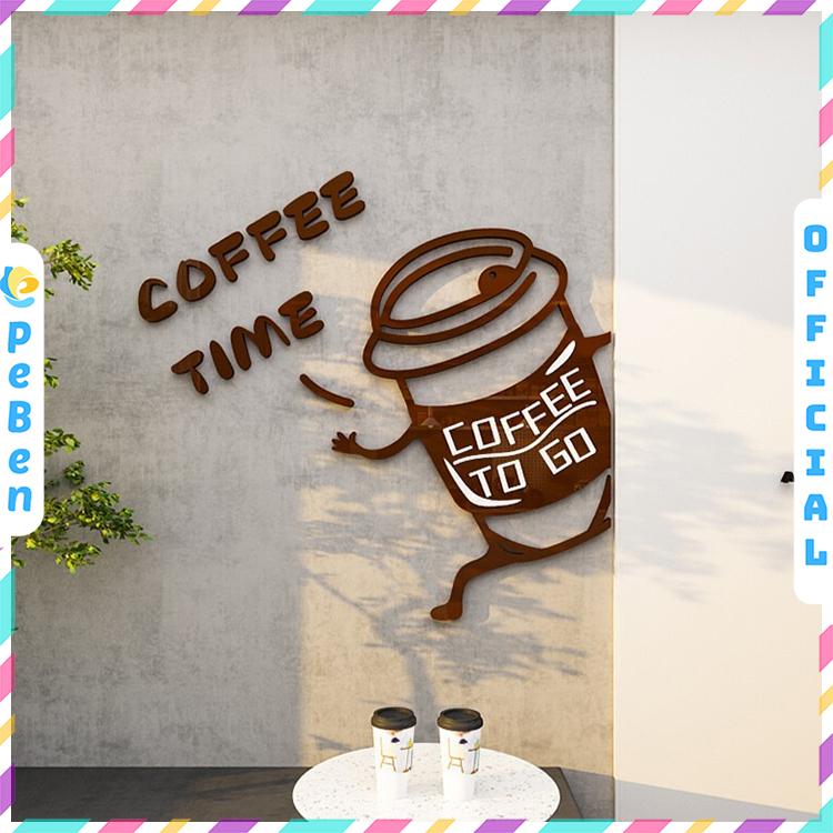 Tranh mica dán tường 3d Quán Cà Phê trang trí Quán Trà Sữa, Cửa Hàng, coffee time to go take away, mèo, đồ uống - EPeBen