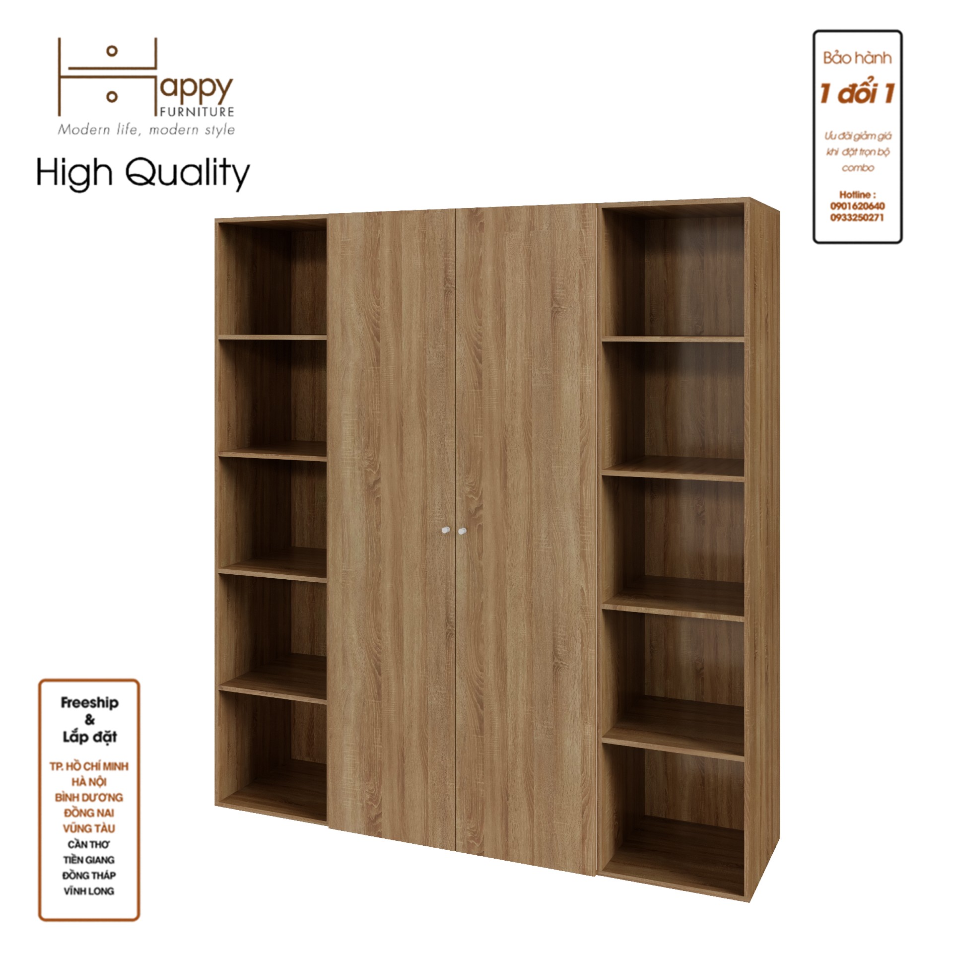 SCANDINA, Tủ quần áo 2 cửa mở kết hợp 2 kệ bên ,200cm x 55cm x 220cm , TCM_100