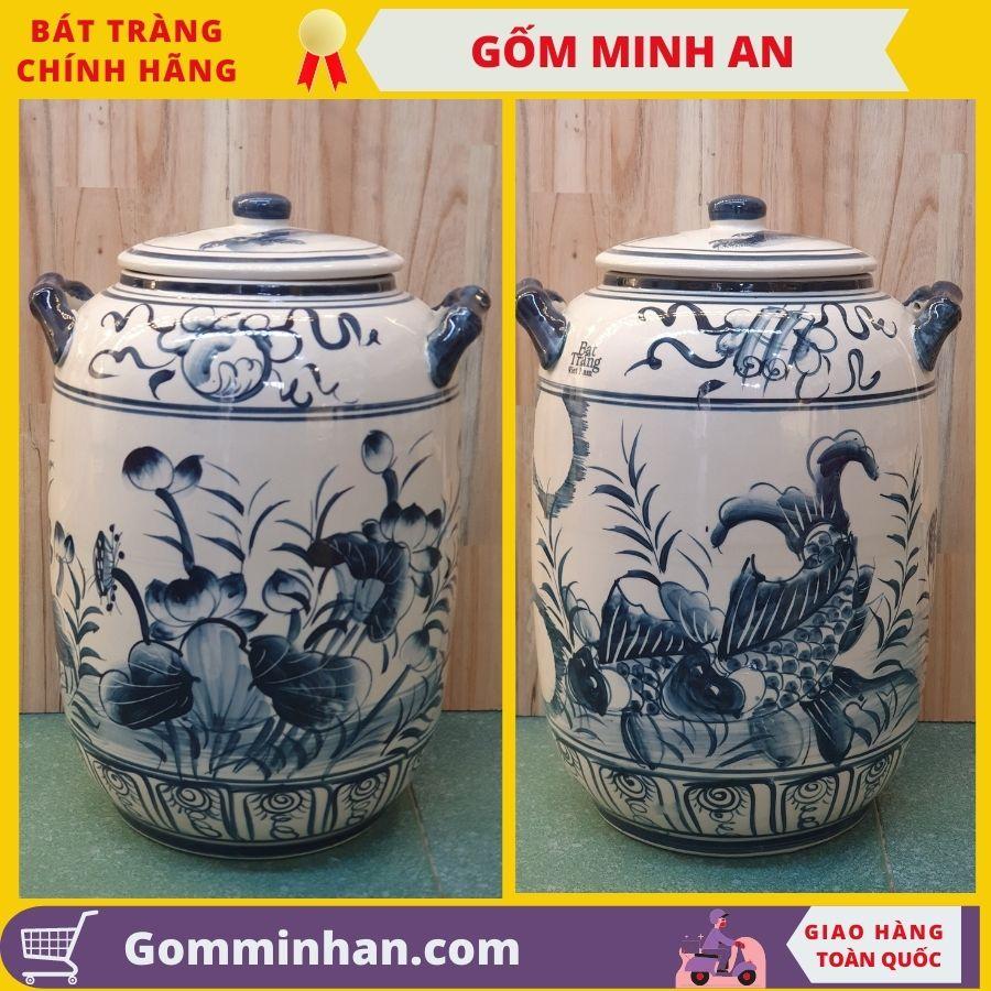 Hũ đựng gạo vẽ cảnh hoa sen cá chép đựng 15kg gạo 20lit nước gốm Minh An Bát Tràng