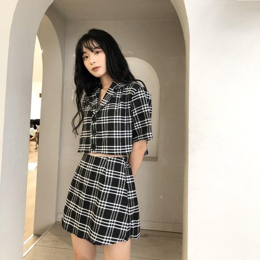 Set Vest Croptop Kẻ Sọc Caro + Chân váy Siêu Xinh MS14/GN100