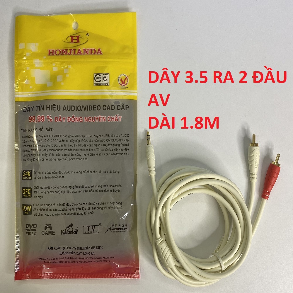 DÂY CÁP LOA RẮC 3.5 RA 2 AV 1.8 MÉT ĐỒNG NGUYÊN CHẤT HÀNG CHÍNH HÃNG