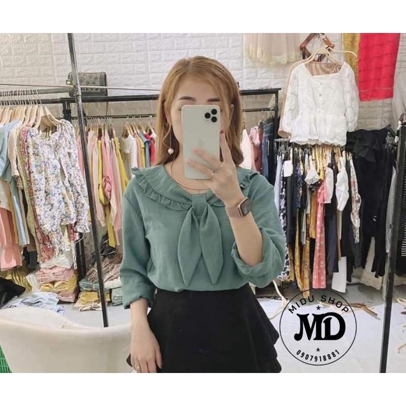 Áo sơ mi xanh tơ gân cổ nơ tay dài